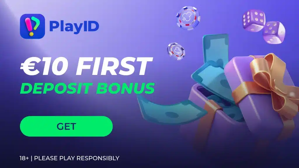 PlayID €10 first deposit bonus banner with gift box, casino chips, dice and bonus money