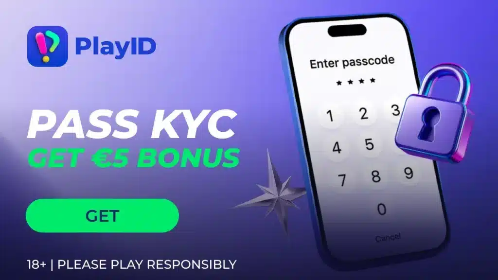 PlayID KYC bonus banner with passcode screen, security lock and €5 bonus offer