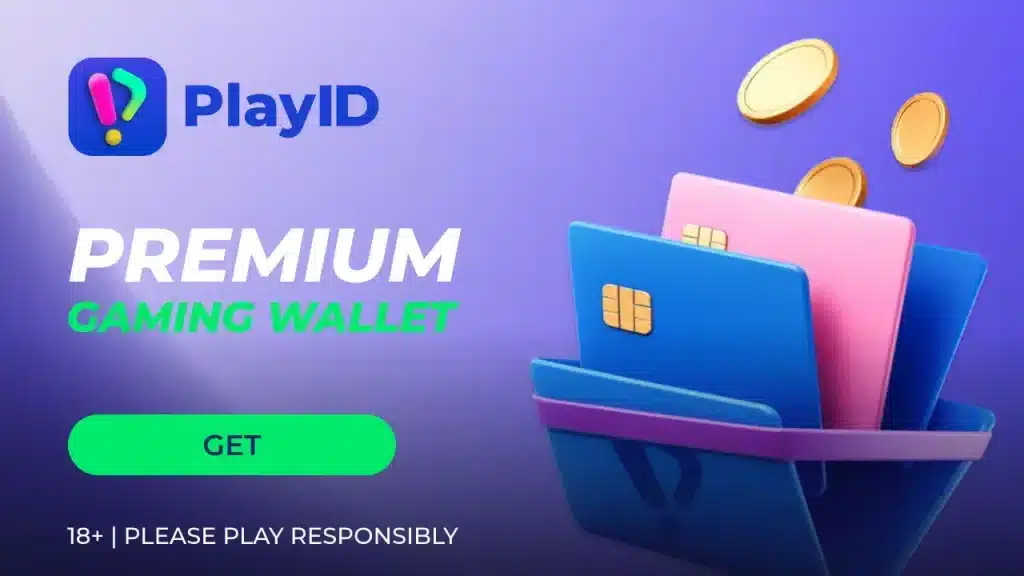 PlayID premium gaming wallet banner with digital cards, coins and responsible gambling notice