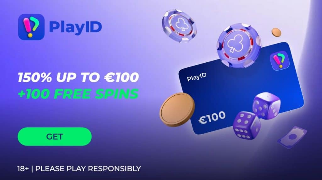 PlayID casino welcome bonus banner with 150% up to €100, 100 free spins, casino chips, dice and bonus card