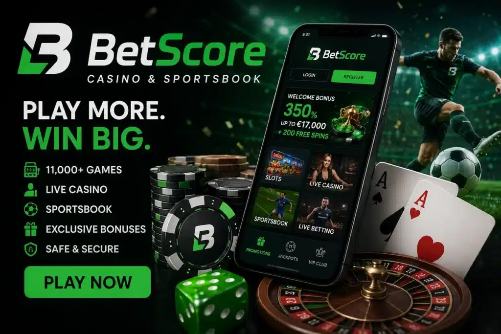 BetScore Casino review banner with casino and sportsbook app, welcome bonus, slots, live casino, sports betting, chips, cards and roulette