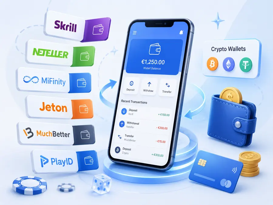 Casino e-wallets and wallet apps with Skrill, Neteller, MiFinity, Jeton, MuchBetter, PlayID, crypto wallets, mobile app and payment card