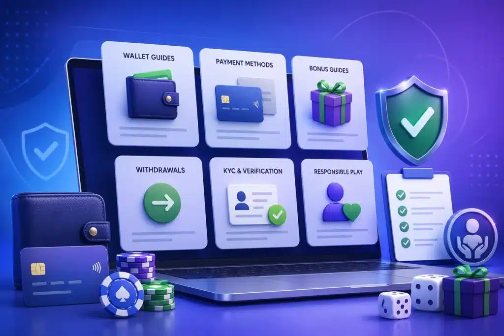 Casino guides overview with wallet guides, payment methods, bonus guides, withdrawals, KYC verification and responsible play sections