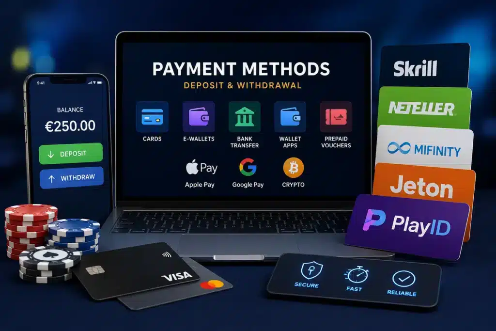 Casino payment methods with debit cards, e-wallets, bank transfers, prepaid vouchers, Apple Pay, Google Pay, crypto, Skrill, Neteller, MiFinity, Jeton and PlayID