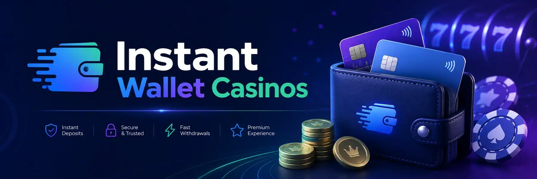Instant Wallet Casinos banner with a digital wallet, payment cards, coins and casino chips