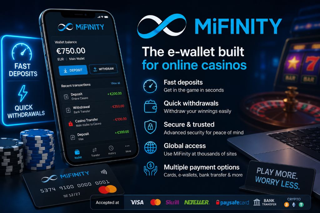 MiFinity casino wallet app with eVoucher funding, deposits, withdrawals and secure online payment features