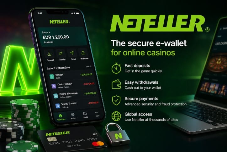 Neteller casino wallet displayed on a smartphone with fast deposits, withdrawals and secure payment features
