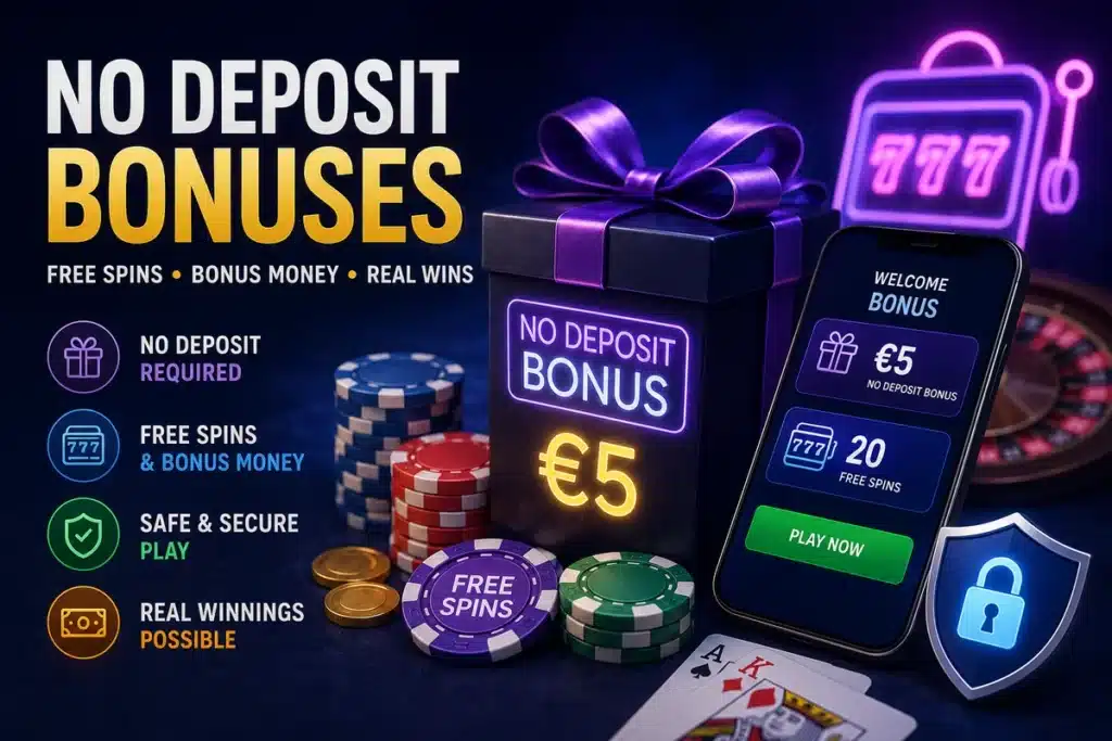No deposit bonuses casino banner with €5 bonus, free spins, gift box, casino chips, mobile app and secure play icons