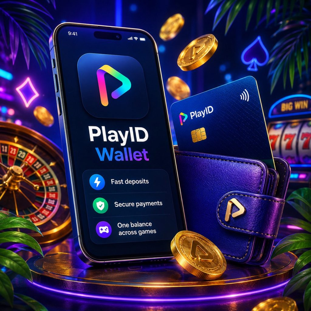 PlayID wallet app with casino payments, digital wallet card, coins and online casino background