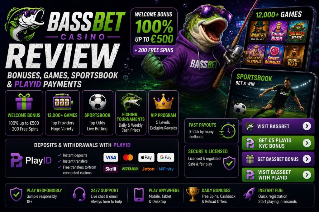 BassBet Casino review with €500 welcome bonus, casino games, sportsbook and PlayID payments