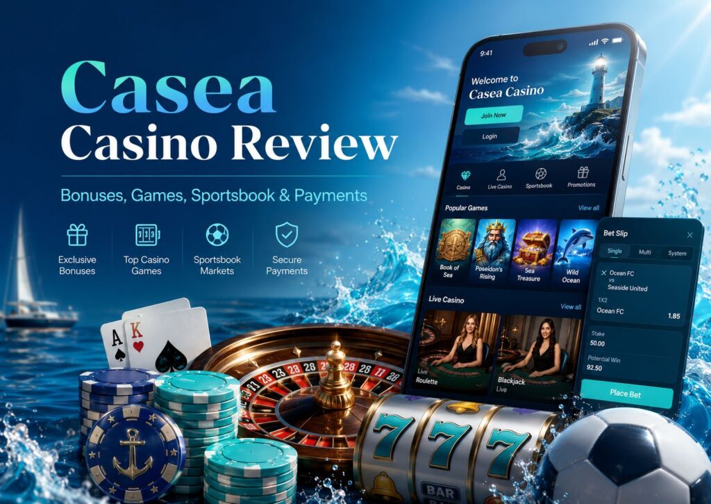 Casea Casino review banner with ocean-themed casino games, sportsbook betting, welcome bonus, live casino tables and payment options