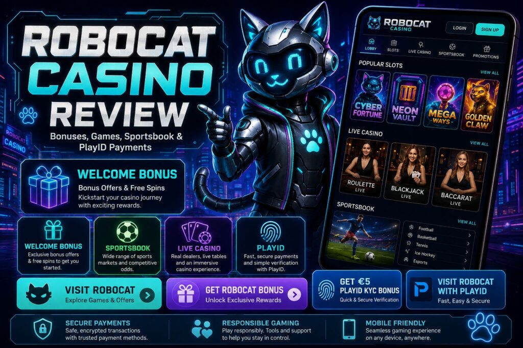 RoboCat Casino review with €500 welcome bonus, RoboSlot, casino games, sportsbook and PlayID payments