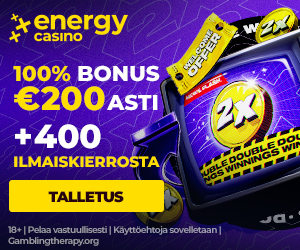 EnergyCasino Suomen tervetulobonus – 100 % jopa 200 € sekä jopa 400 ilmaiskierrosta ja 2x voittokerroin