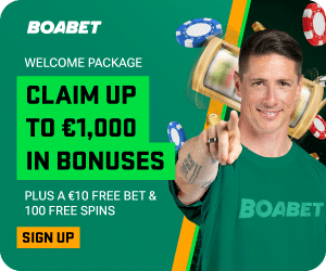 BoaBet welcome package with up to €1,000 in bonuses, €10 Free Bet and 100 Free Spins