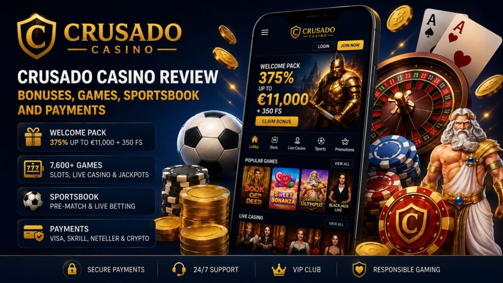 Crusado Casino review banner with welcome bonus, slots, live casino, sportsbook, roulette, casino games and PlayID wallet payments.