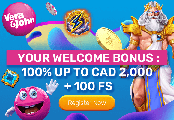 Vera&John casino Canada promotional banner with welcome bonus, 100 percent up to CAD 2,000, 100 free spins, Zeus character and Register Now button