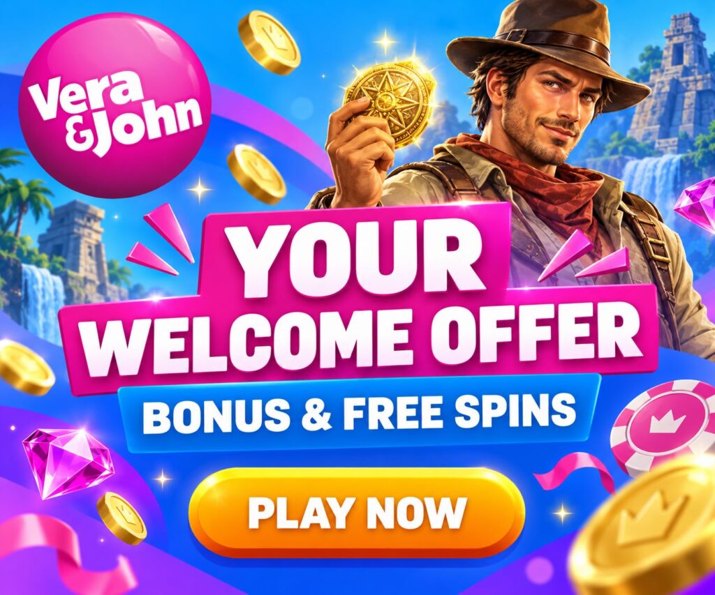 Vera&John casino promotional banner with welcome offer text, bonus and free spins, explorer character, gold coins and Play Now button