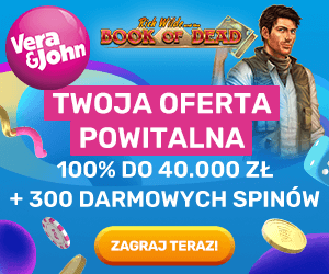 Baner Vera&John casino Polska z bonusem 100% do 40 000 zł, 300 darmowymi spinami i motywem Book of Dead