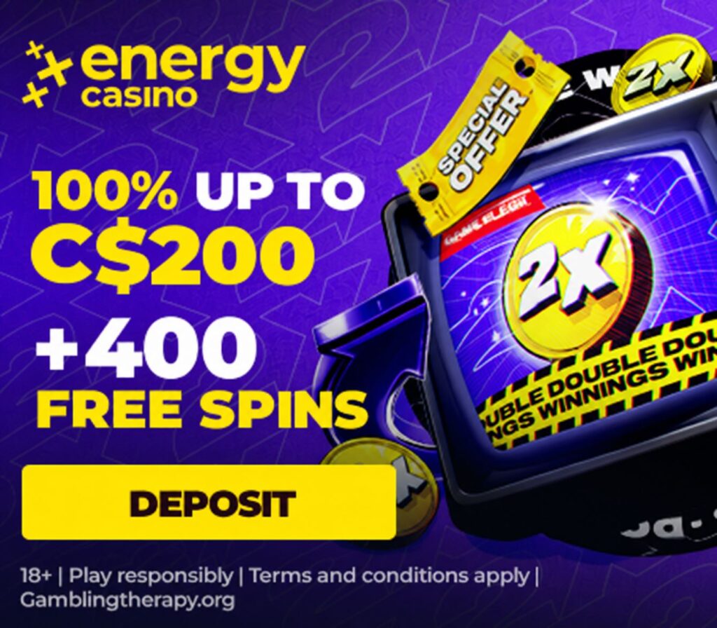EnergyCasino welcome bonus banner – 100% up to C$200 plus 400 free spins and 2x win multiplier