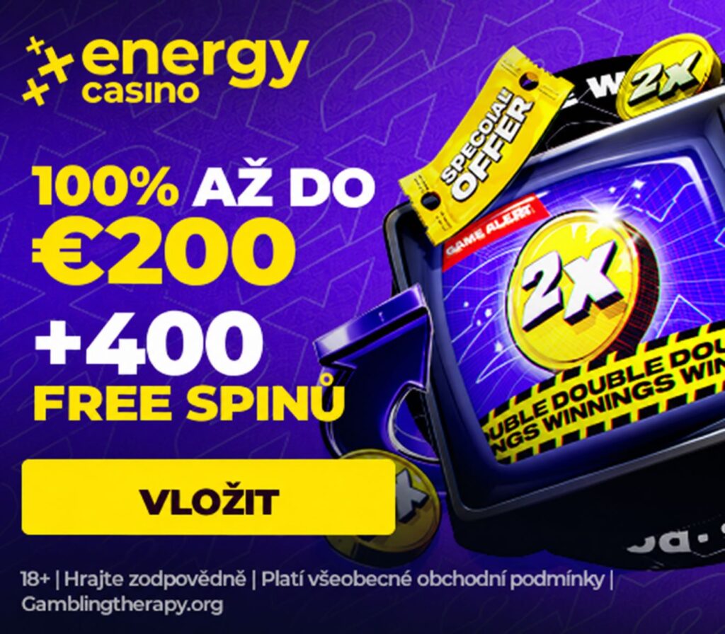 Uvítací bonus EnergyCasino pro české hráče – 100 % až do 200 €, až 400 zatočení zdarma a 2x násobitel výher