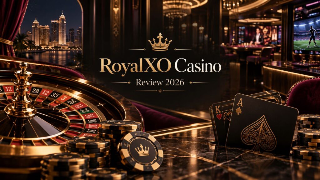 RoyalXO Casino Review 2026 featuring roulette, casino chips, playing cards and sports betting in an elegant casino setting.
