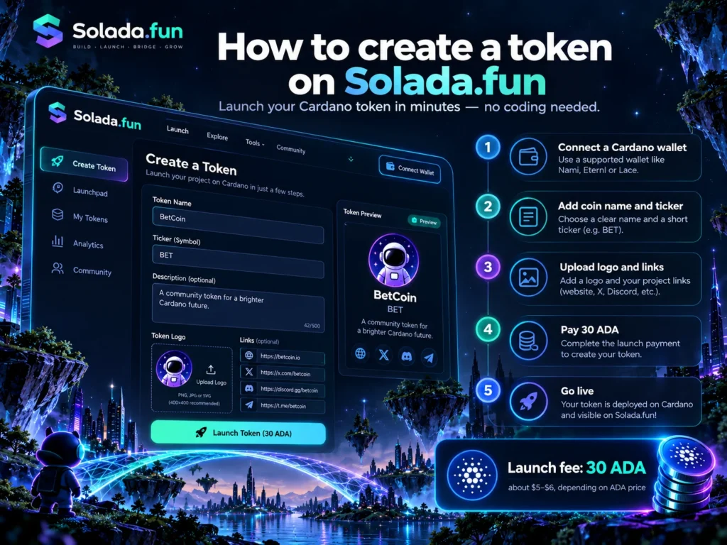 Illustration of creating a crypto token on Solada.fun with token name, ticker, logo and launch settings