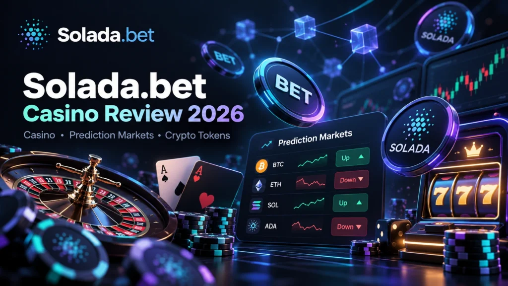 Solada.bet Casino Review 2026 illustration featuring roulette, slots, BET and SOLADA tokens, and cryptocurrency prediction markets.