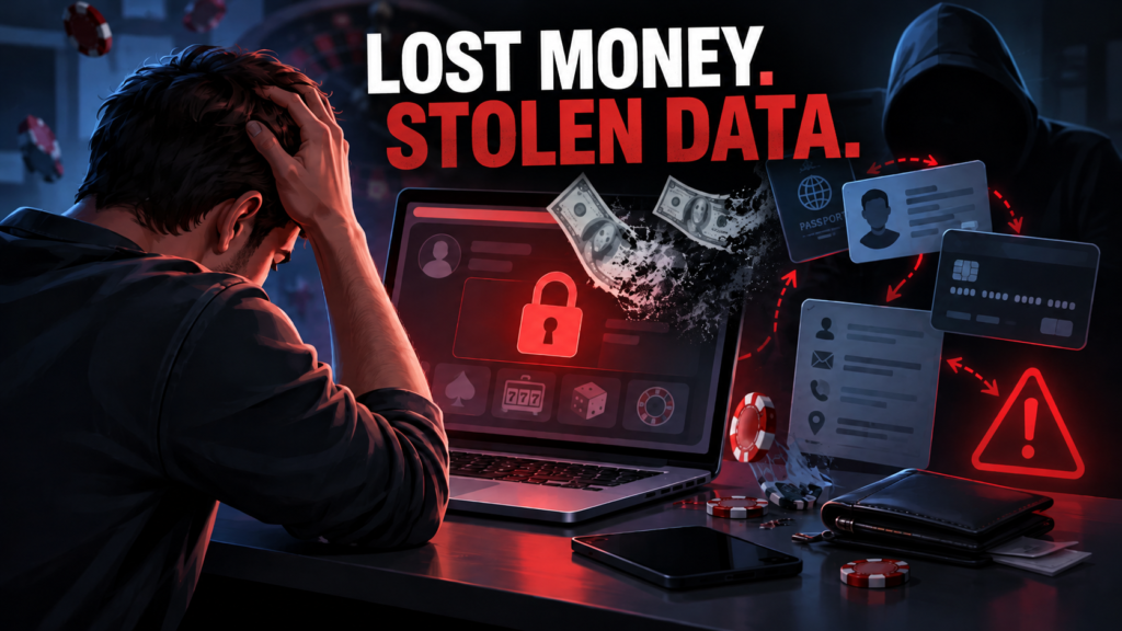 Online casino scam showing a blocked account, lost money, identity theft and stolen personal and financial data.