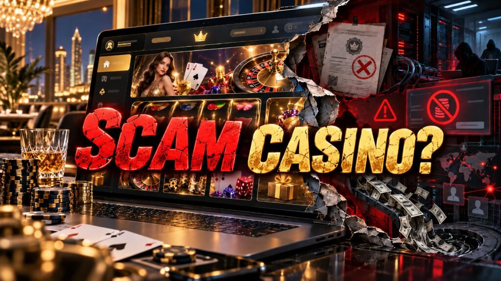 Scam casino warning showing a professional online casino hiding fake licences, blocked withdrawals and fraud risks.