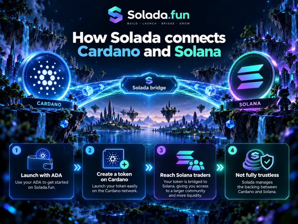 Illustration of Solada.fun connecting the Cardano and Solana ecosystems through a cross-chain token launch model