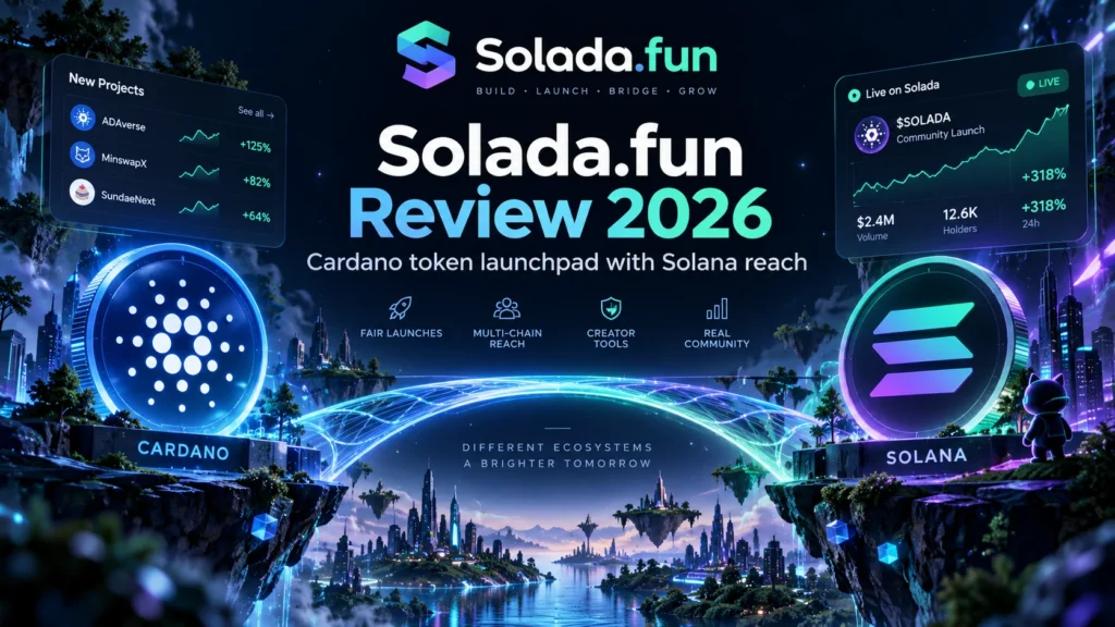 Solada.fun review hero image showing a futuristic Cardano and Solana token launchpad concept