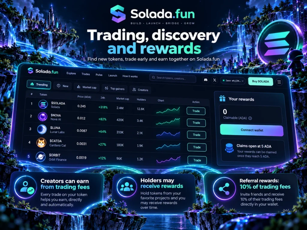 Illustration of token trading, rankings and reward features on Solada.fun